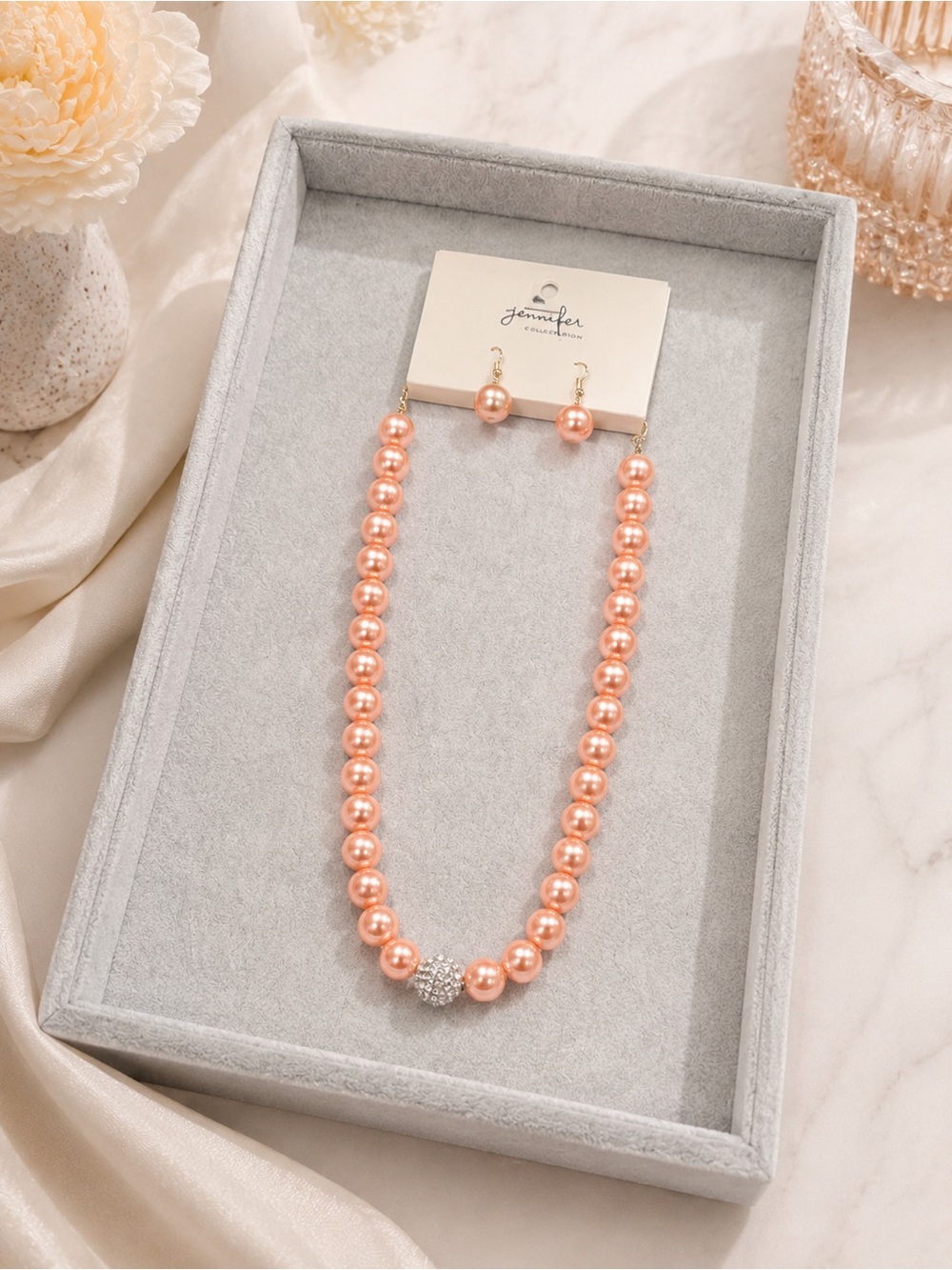 Jennifer Collection Peach Pearl Necklace Earring Set coquette preppy y2k bridal
